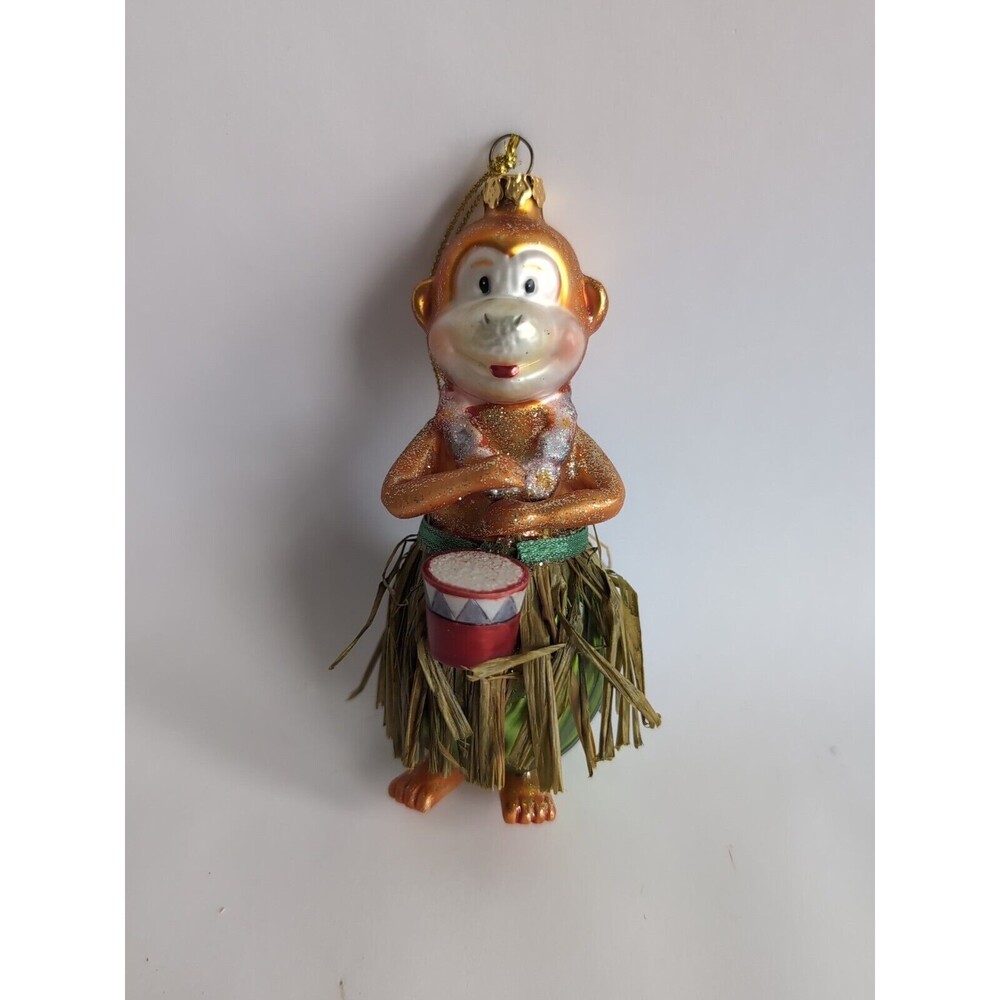VTG Monkey Christmas Ornament Mercury Glass Grass Skirt Drum Whimsical
